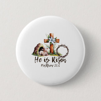 He Is Risen Sheep Lamb Cross Jesus Christian Easte Button