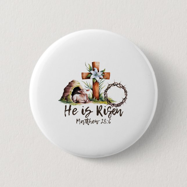 He Is Risen Sheep Lamb Cross Jesus Christian Easte Button (Front)