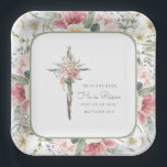 He is Risen Spring Floral Cross Paper Plates<br><div class="desc">This Easter themed paper plate has a pink and white spring flower wreath borders along the edge on a bright white background. In the center is a cross with a spring floral bouquet and the verse "He is not here; He is Risen,  just as He said."</div>