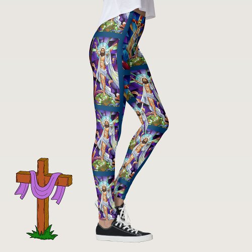 He Is Risen Stain Glass Easter Leggings