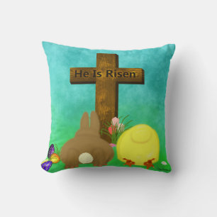 He Is Risen! The Easter Bunny Chick Bow to Cross Throw Pillow