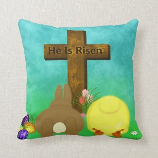 He Is Risen! The Easter Bunny  Chick Bow to Cross Throw Pillow