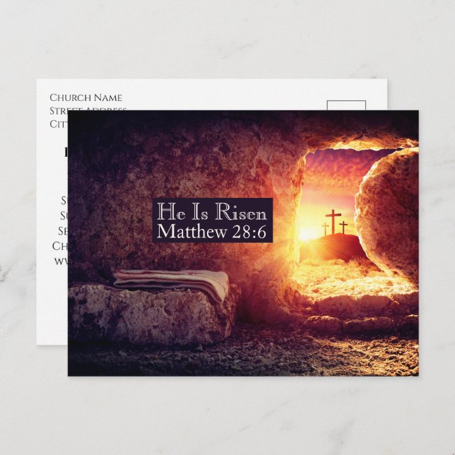 He Is Risen Three Crosses Easter Church Services Holiday Postcard (Front/Back)