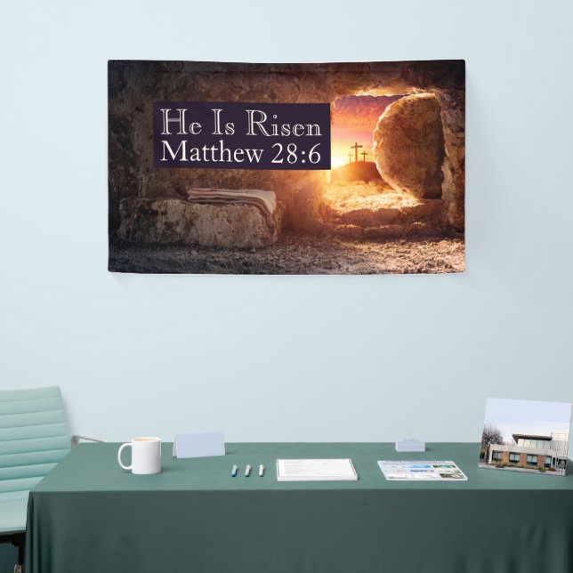He Is Risen Three Crosses Empty Tomb Church Easter Banner (Tradeshow)