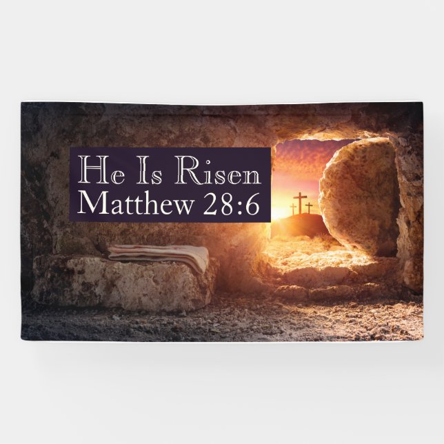 He Is Risen Three Crosses Empty Tomb Church Easter Banner (Horizontal)