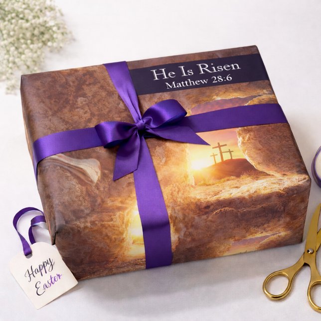He Is Risen Three Crosses Empty Tomb Easter Wrapping Paper (Creator Uploaded)