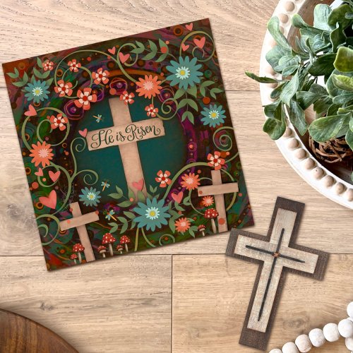 He is Risen Three Crosses Pretty Floral Easter Note Card