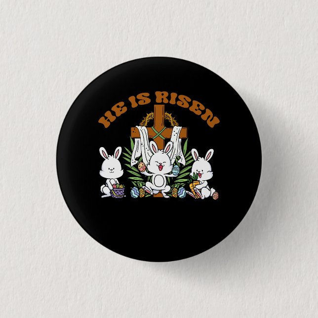 He is Risen Trendy Christian Easter Bunny Under Fa Button (Front)