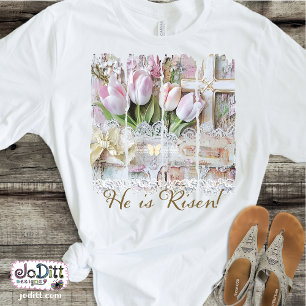 He is Risen Tulip Cross Christian Vintage Womens T-Shirt