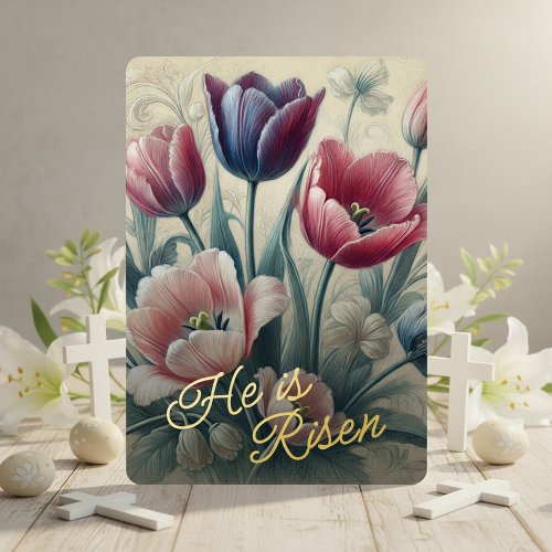 He Is Risen Tulip Floral Gold Foil Card