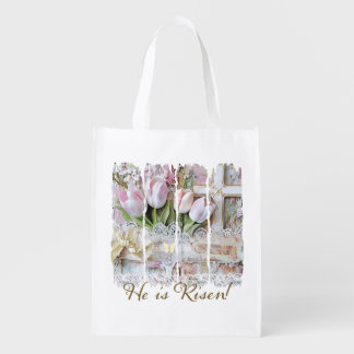 He is Risen Tulip Rustic Cross Christian Vintage Grocery Bag