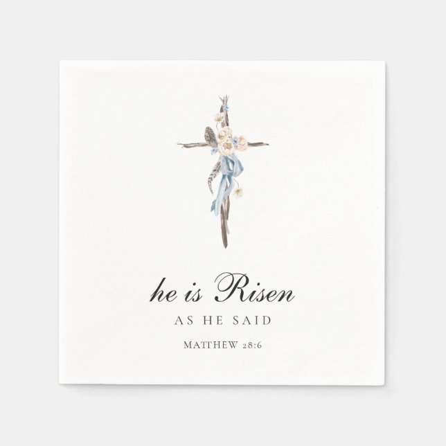 He is Risen | Watercolor Blue Cross Easter Napkins (Front)