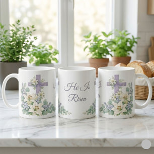 He Is Risen Watercolor Floral Cross Easter 2026 Coffee Mug