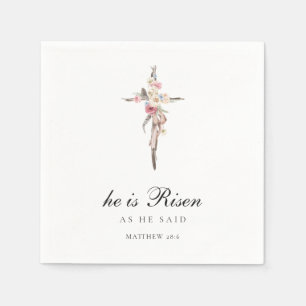 He is Risen   Watercolor Pink Floral Cross Easter Napkins