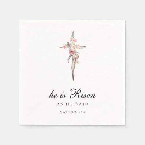 He is Risen  Watercolor Pink Floral Cross Easter Napkins