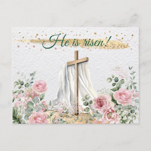 He Is Risen Watercolor Roses Eucalyptus Christian Holiday Postcard