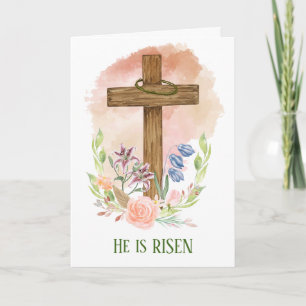 He Is Risen Wooden Floral Cross Easter Card