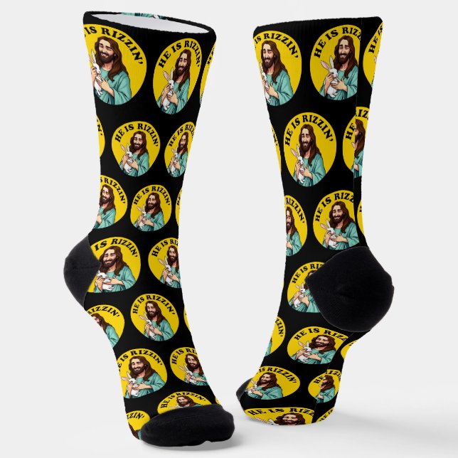 He Is Rizzin Funny Jesus Christian Easter Day Socks (Angled)