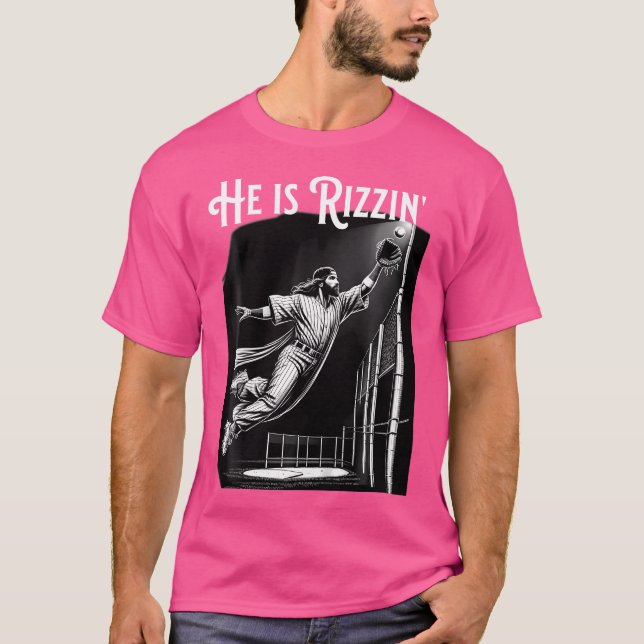He Is Rizzin Jesus Playing Baseball Funny Sports R T-Shirt (Front)