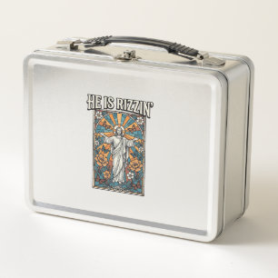 He Is Rizzin Vintage Easter Stained Glass Shirt De Metal Lunch Box