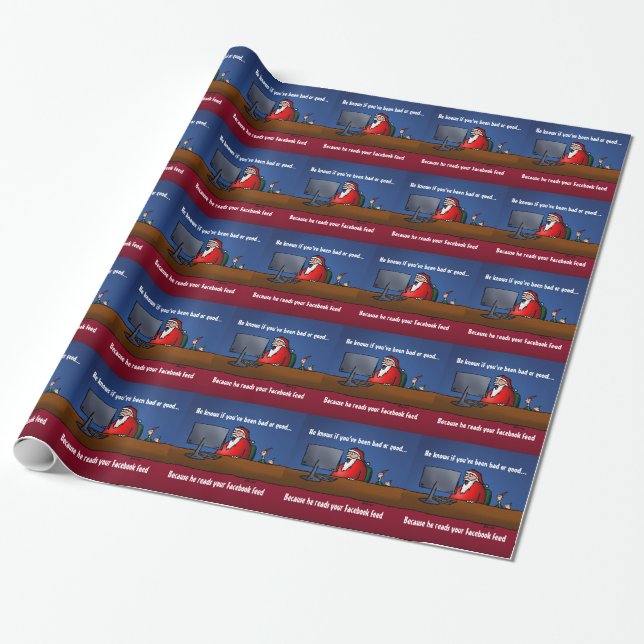 He Knows If You've Been Bad Funny Santa Wrapping Paper (Unrolled)