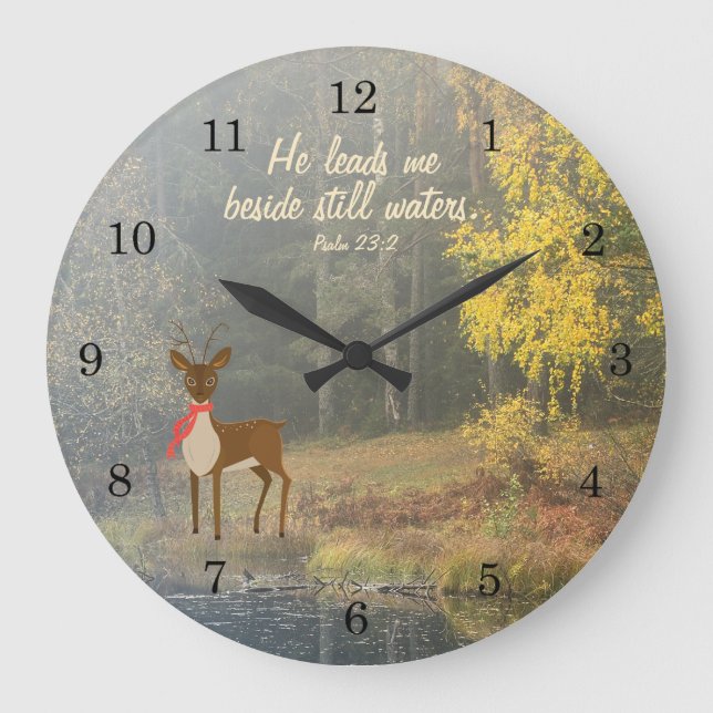He Leads Me Beside Still Waters, Deer by the Water Large Clock (Front)