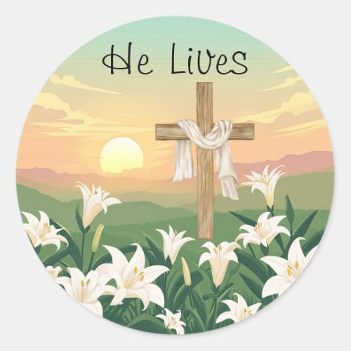 He Lives Easter Morning Sunrise Classic Round Sticker