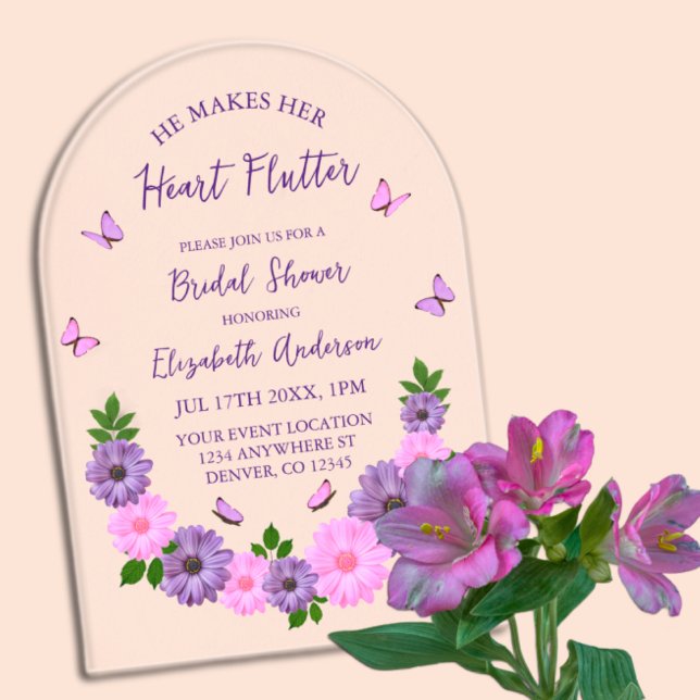 He Makes Her Heart Flutter Butterfly Bridal Shower Acrylic Invitations (Creator Uploaded)