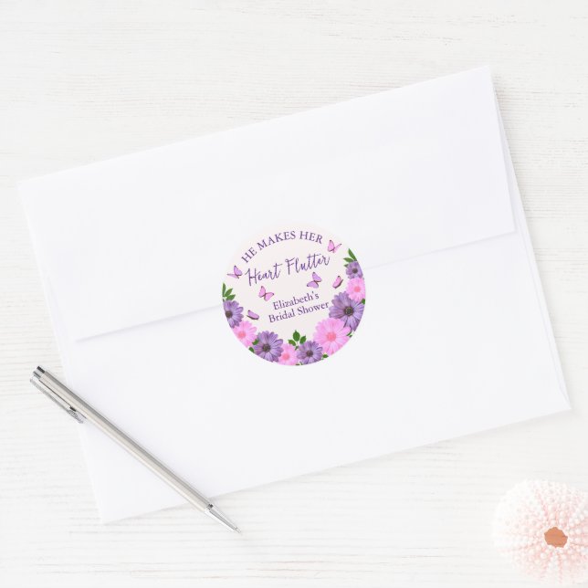 He Makes Her Heart Flutter Butterfly Bridal Shower Classic Round Sticker (Envelope)