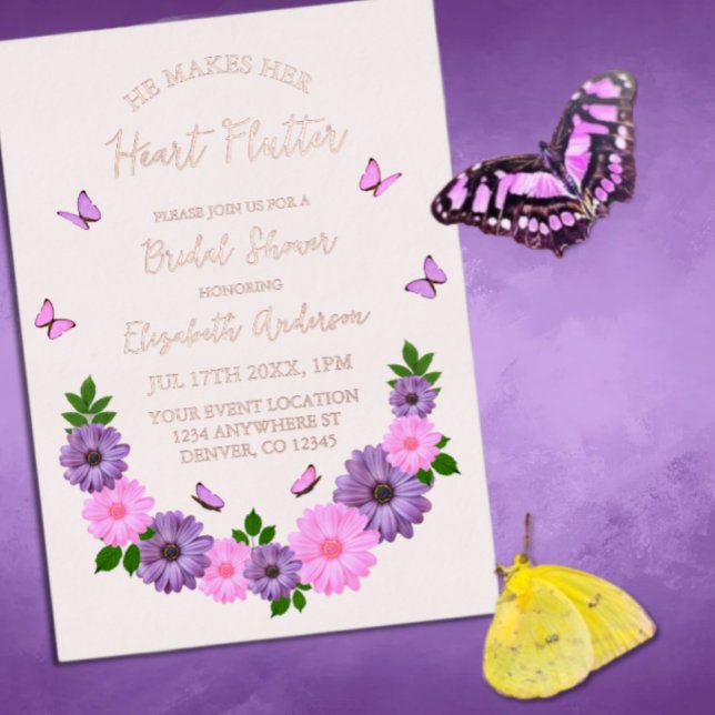 He Makes Her Heart Flutter Butterfly Bridal Shower Foil Invitation (Creator Uploaded)