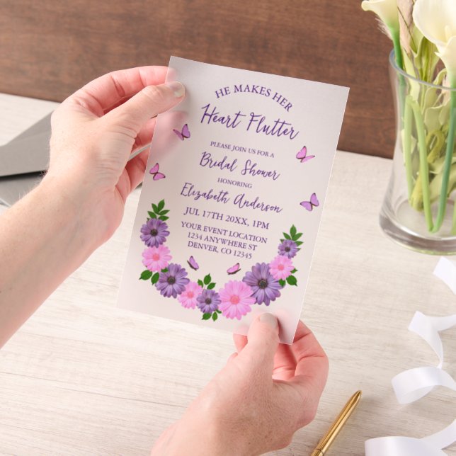 He Makes Her Heart Flutter Butterfly Bridal Shower Vellum Invitations (Handheld)