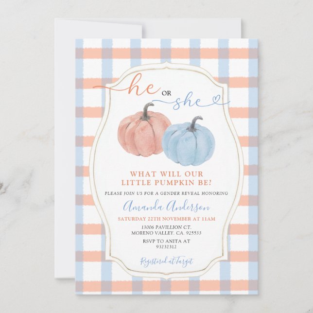 He or She Autumn Pumpkins Gingham Gender Reveal Invitation (Front)