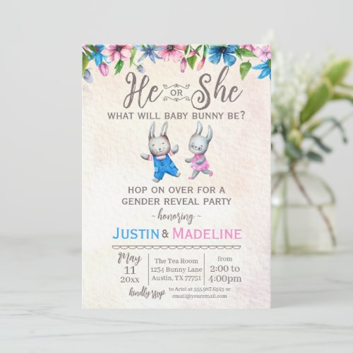 He or She Baby Bunny Gender Reveal Party Invitation