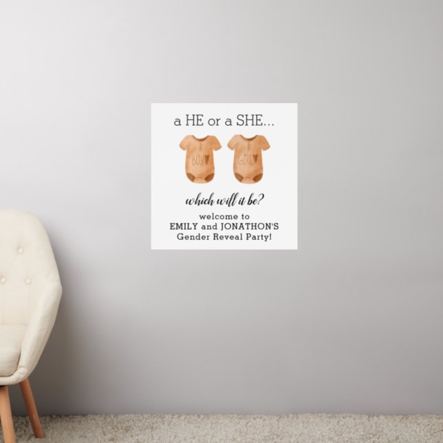 He or She Baby Clothes Gender Reveal Party Welcome Wall Decal (Living Room 2)