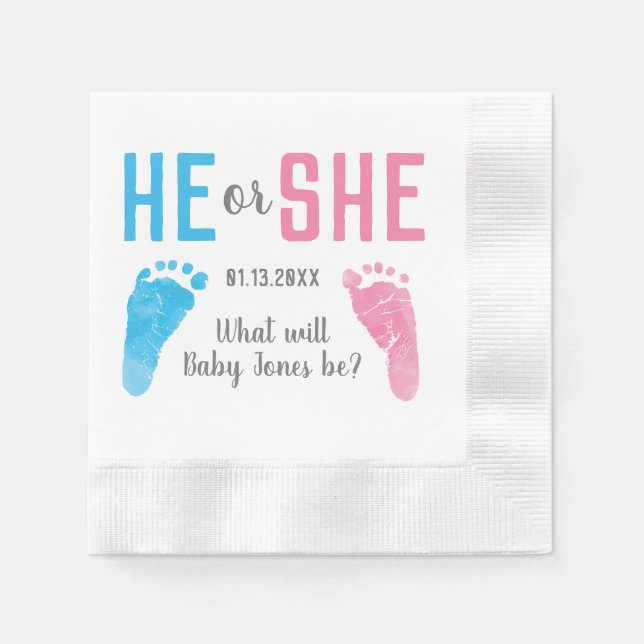 He or She Baby Gender Reveal Footprints Party Napkins (Front)