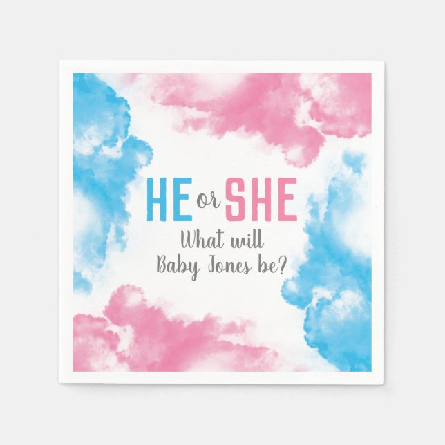 He or She Baby Gender Reveal Smoke Bomb Blue Pink Napkins (Front)