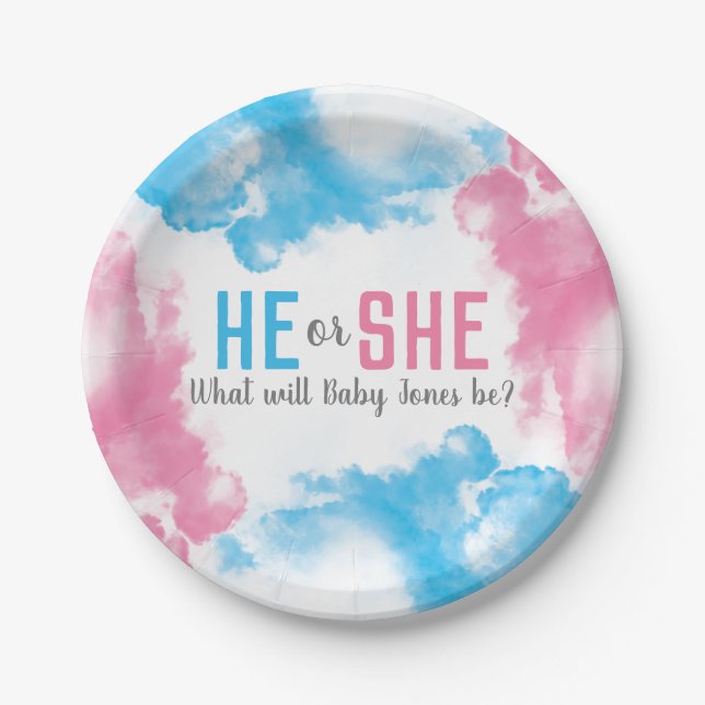 He or She Baby Gender Reveal Smoke Bomb Party Paper Plates (Front)