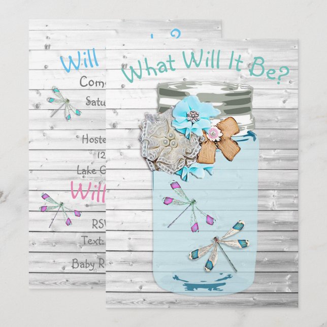 He or She,  Baby Shower Gender Reveal Dragonfly Invitation (Front/Back)