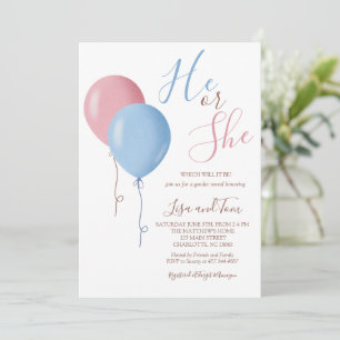 He Or She Ballons Gender Reveal Party Invitation