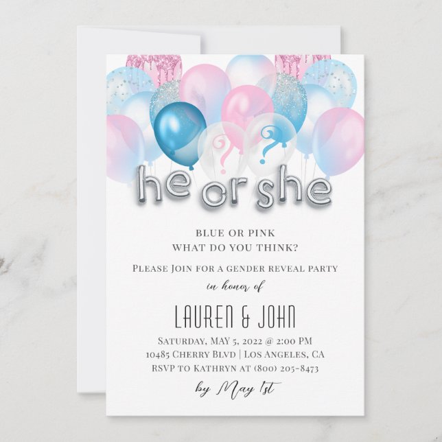 He or She Balloon Gender Reveal Invitation (Front)