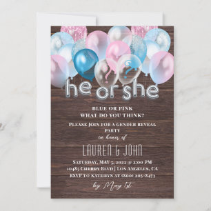 He or She Balloon Gender Reveal Invitation
