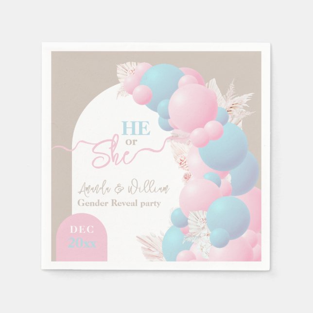 He or She Balloon Modern Gender reveal party   Napkins (Front)