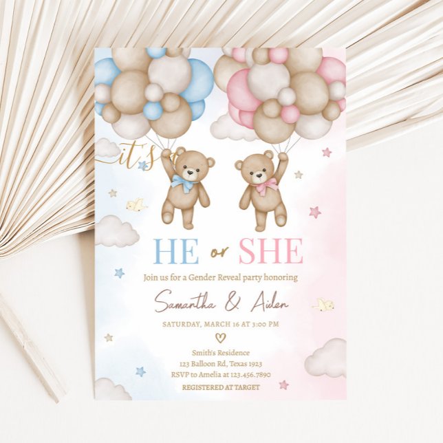 He or She Bear Gender Reveal Invitation (Bear Balloon He or She Gender Reveal Invitation)