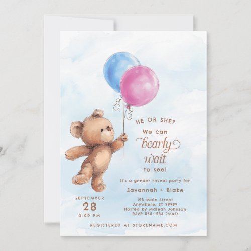 He or She Bearly Wait Teddy Bear Gender Reveal Invitation