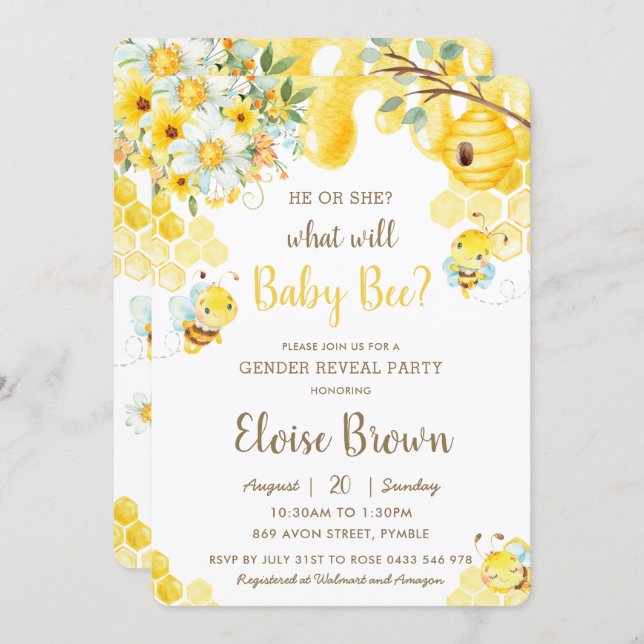 He or She Bee Yellow Floral Gender Reveal Party Invitation (Front/Back)