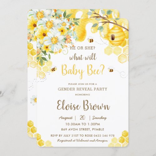 He or She Bees Yellow Floral Gender Reveal Party  Invitation