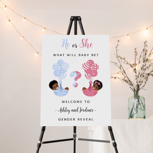 He or She Black Baby Gender Reveal Welcome Sign (In Situ (Stand))