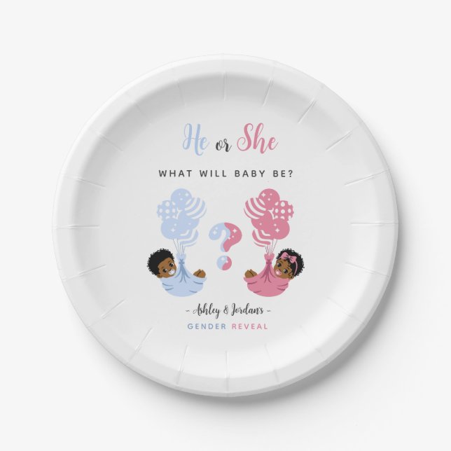 He or She Black Twins Balloon Gender Reveal  Paper Plates (Front)