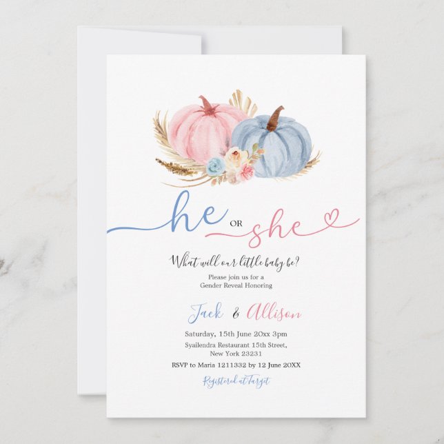 He or She Blue Gingham Pink Pumpkin Gender Reveal Invitation (Front)