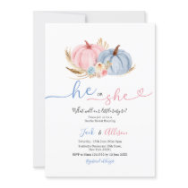 He or She Blue Gingham Pink Pumpkin Gender Reveal Invitation